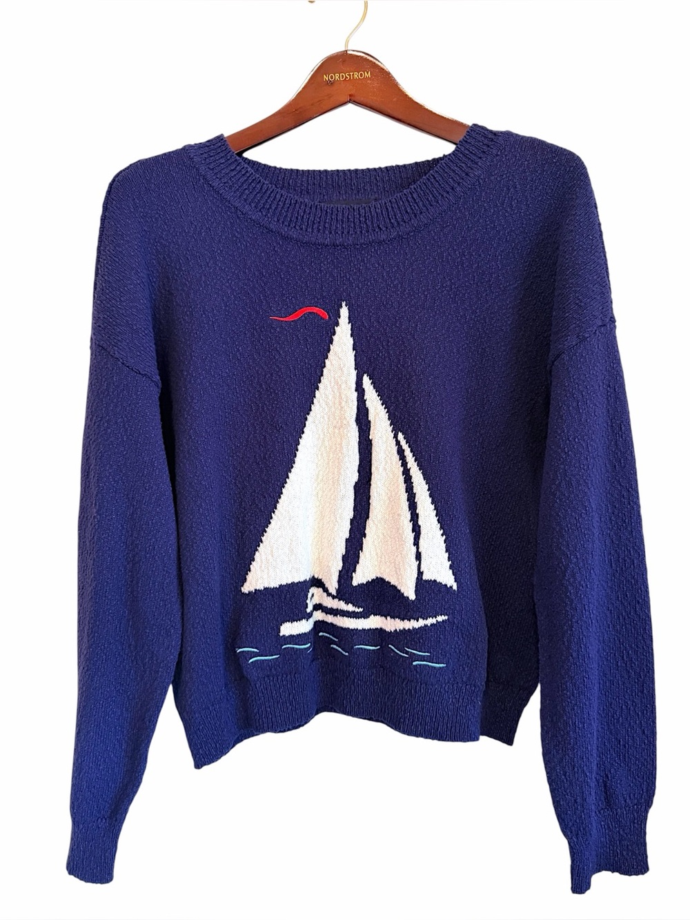 Marled boat intarsia Nautical 100% Cotton Pullover sweater, navy blue sz L, NWT